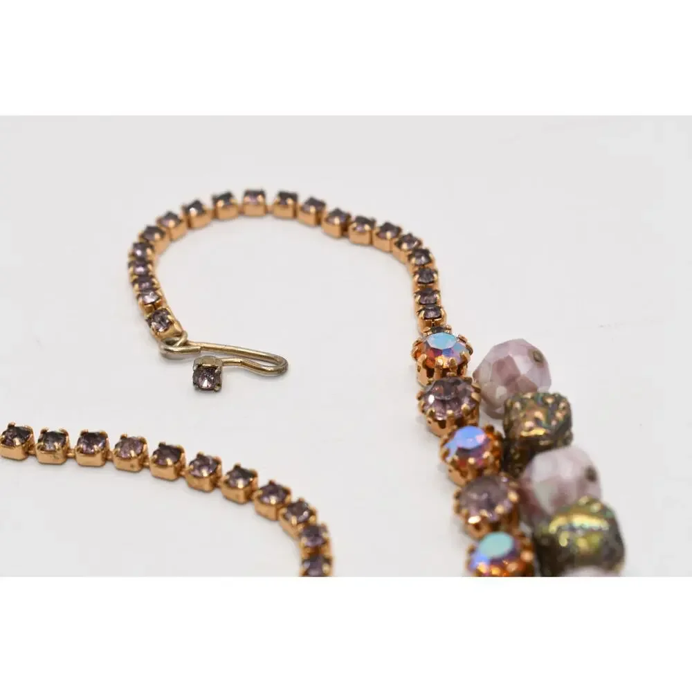 Vintage AB Rhinestone Art Glass Dangle Choker Necklace 15 Inch